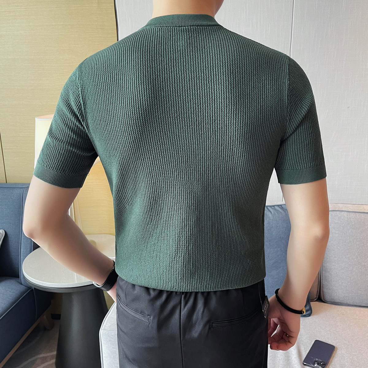 3763-P68镂空针织冰丝短袖体恤男士夏季拉链款POLO衫立领T恤,男装T恤,电商B333