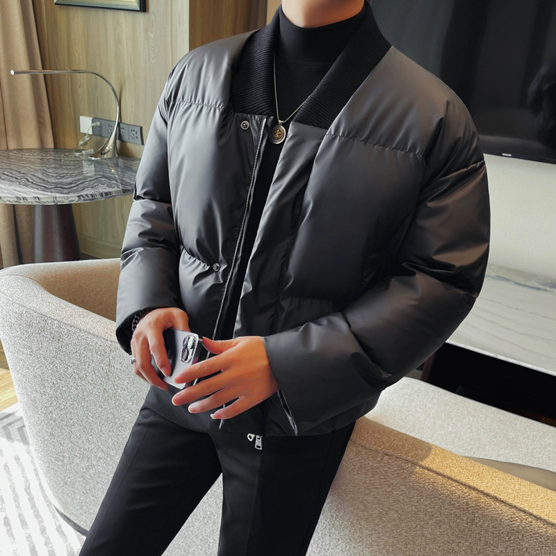 M23069-P200冬季无领宽松黑色时髦保暖简约棉服加厚短款棉衣外套,男装棉衣,电商B333
