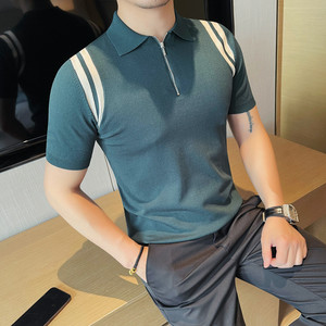 3753-P68 针织冰丝短袖体恤男士夏季新款拉链款 翻领半袖POLO衫图片