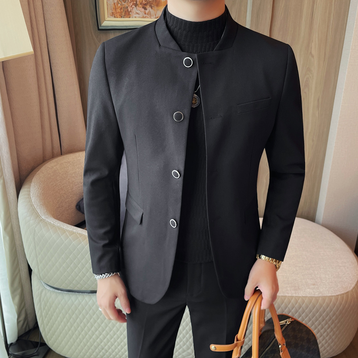 23653-P155 中式立领西装男士长袖西服新款立领修身弹力免烫西装，男装西服套装，电商B333