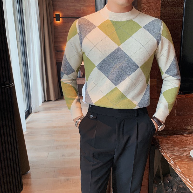 8508-P75长袖格子毛衣男士秋冬休闲撞色针织衫圆领套头线衫打底衫,男装T恤,电商B333
