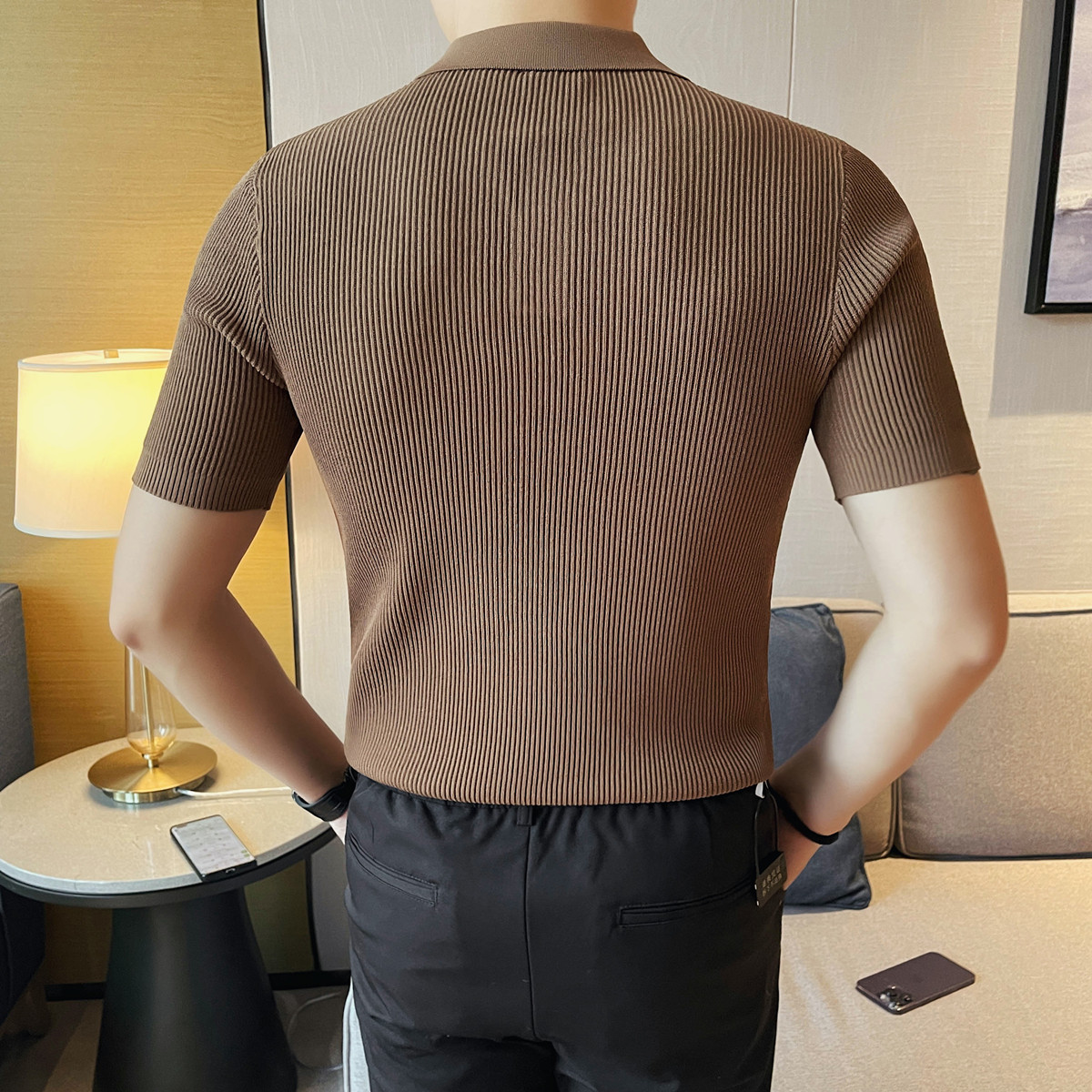 3761-P68针织短袖男士夏季线条设计感小众百搭休闲圆领简约T恤,男装T恤,电商B333