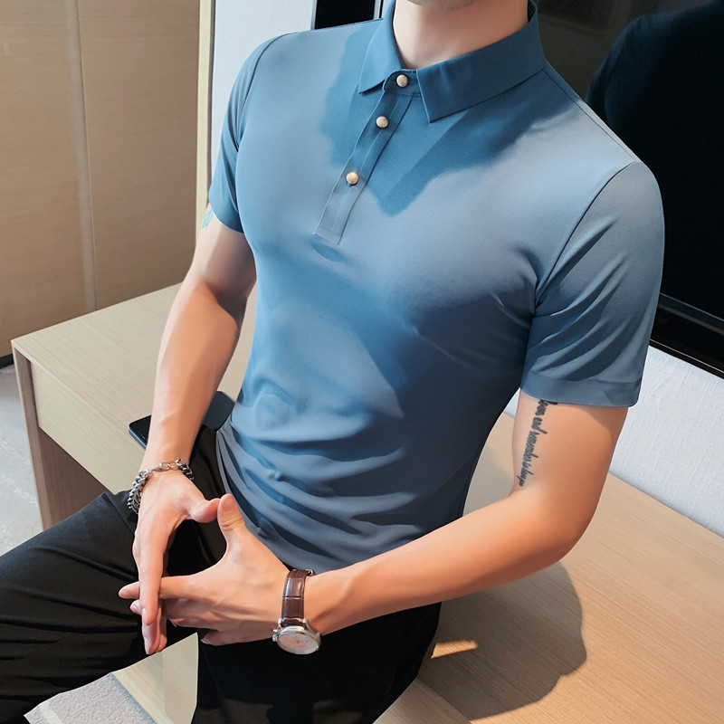 6026-P682026夏季薄款冰丝纯色翻领短袖男弹力T恤修身透气Polo衫,男装T恤,电商B333