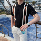 M52-P78针织冰丝条纹短袖polo衫男士夏季撞色开衫翻领t恤，男装Polo衫，电商B333