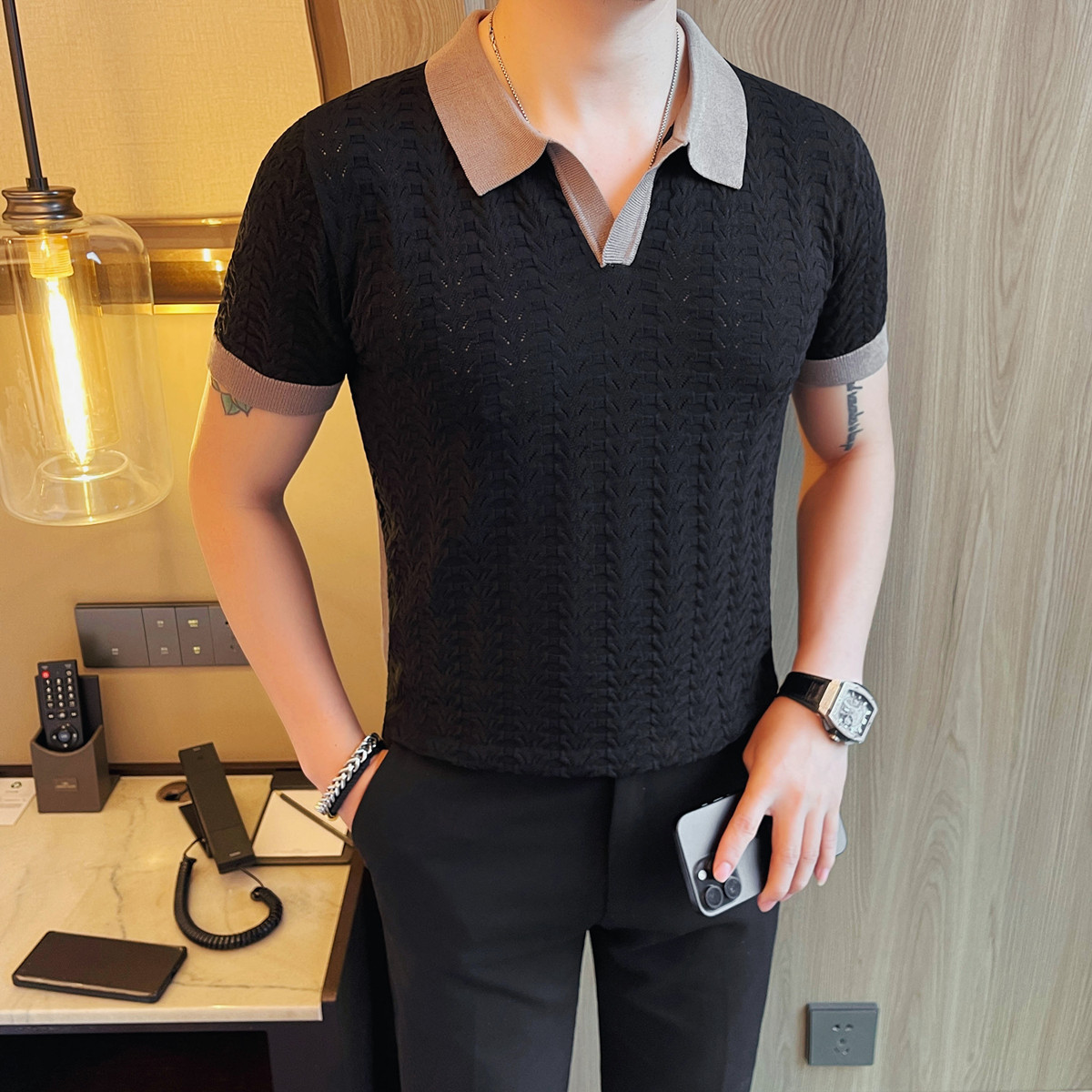 8542-P58镂空冰丝POLO衫男士短袖夏季新款时尚百搭休闲翻领短袖,男装T恤,电商B333