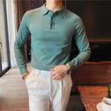 M05-P65秋冬型男潮修身翻领纯色针织打底衫毛衣长袖百搭POLO衫白，男装T恤，电商B333