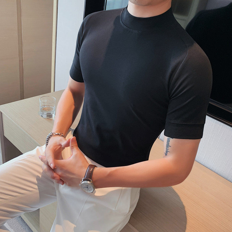 5857-特P40秋季男士短袖打底衫纯色半高领修身T恤抓绒中领T,男装T恤,电商B333