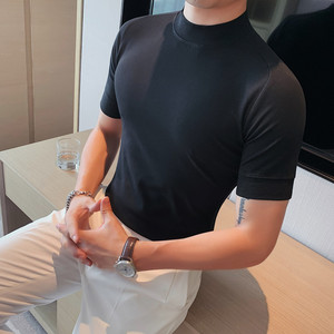 5857-特P40 秋季男士短袖打底衫 纯色半高领修身T恤 抓绒中领T图片
