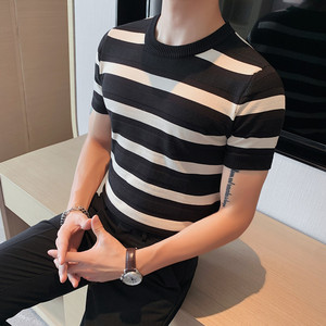 WQ3323-P58圆领针织短袖T恤男士夏季条纹修身休闲体恤图片