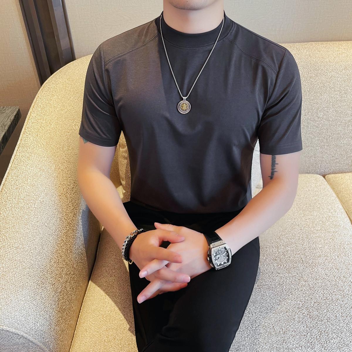 7518-P48男士短袖夏季新款时尚百搭休闲圆领短袖T恤,男装T恤,电商B333
