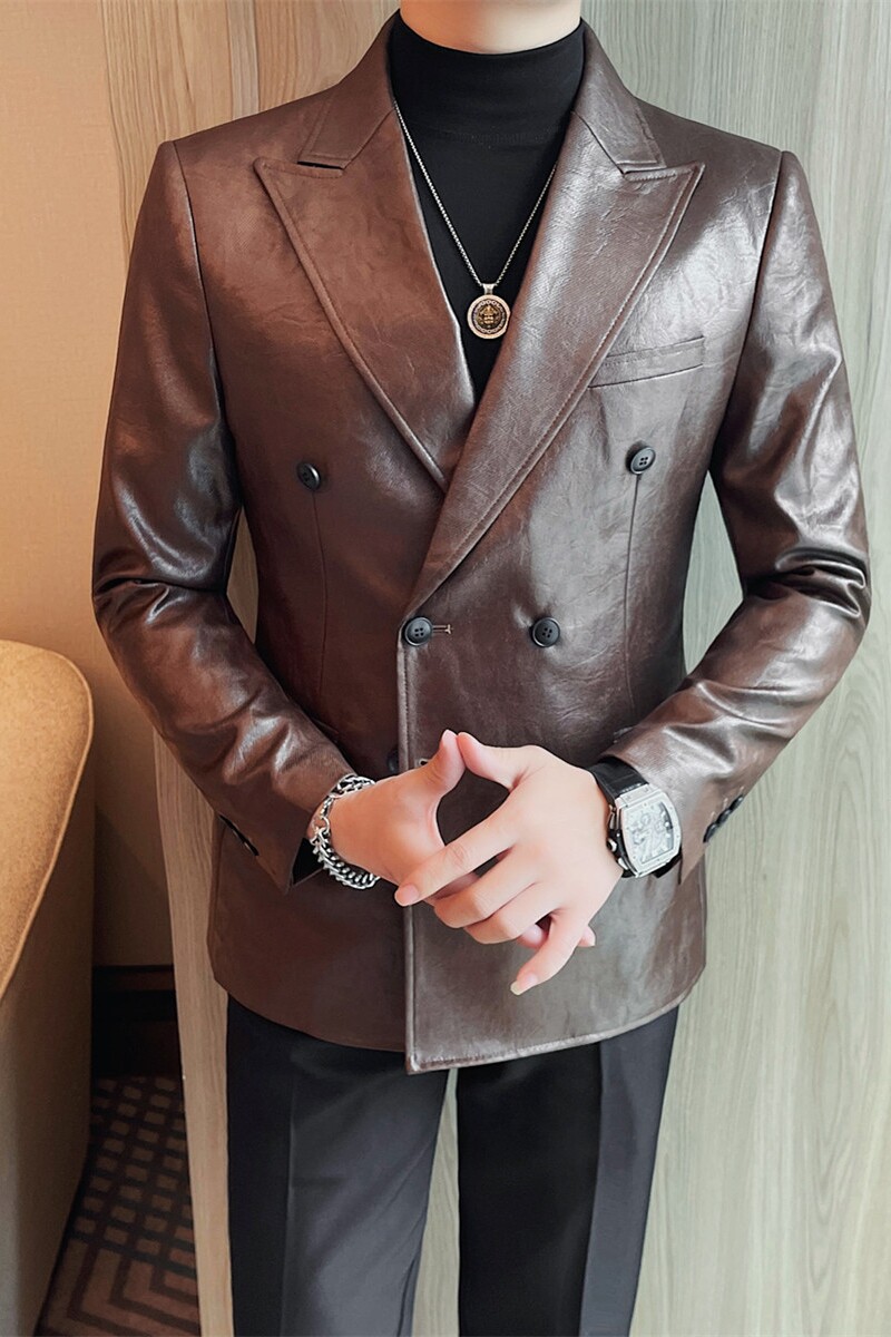 23659-P155双排扣皮衣男士秋冬新款皮西装双开叉西服外套,男装西服,电商B333