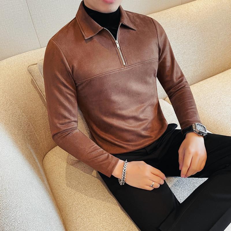 7928-P68拉链款假两件纯色长袖POLO领潮流帅气打底衫T恤,男装T恤,电商B333