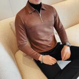 7928-P68拉链款假两件纯色长袖POLO领潮流帅气打底衫T恤，男装T恤，电商B333
