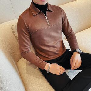 7928-P68 拉链款假两件纯色长袖POLO领潮流帅气打底衫T恤图片