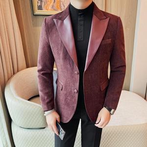 23660-P165 领子拼皮西装男士秋冬新款两粒单排扣西服外套图片