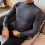 3392-P38秋冬男士半高领韩版修身长袖T恤打底衫条纹套头中领体恤t，男装T恤，电商B333