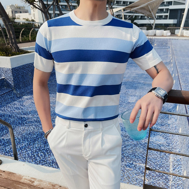 3345-P55短袖t恤男士夏季修身圆领条纹针织冰丝半袖体恤,男装T恤,电商B333