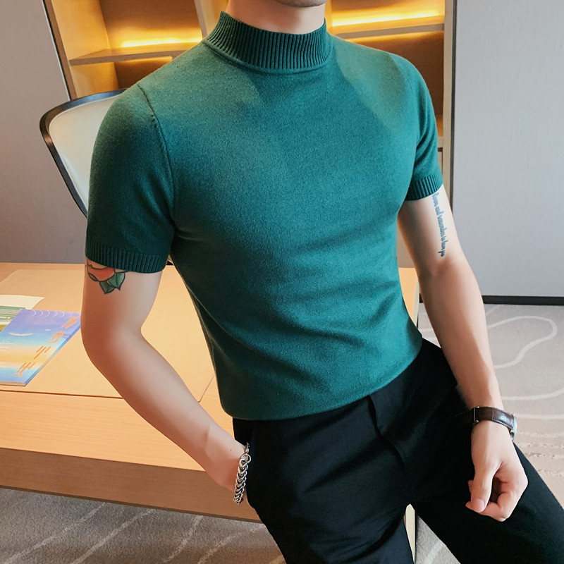 0820-特P40半高领针织打底衫男春夏修身纯色套头短袖T恤图片