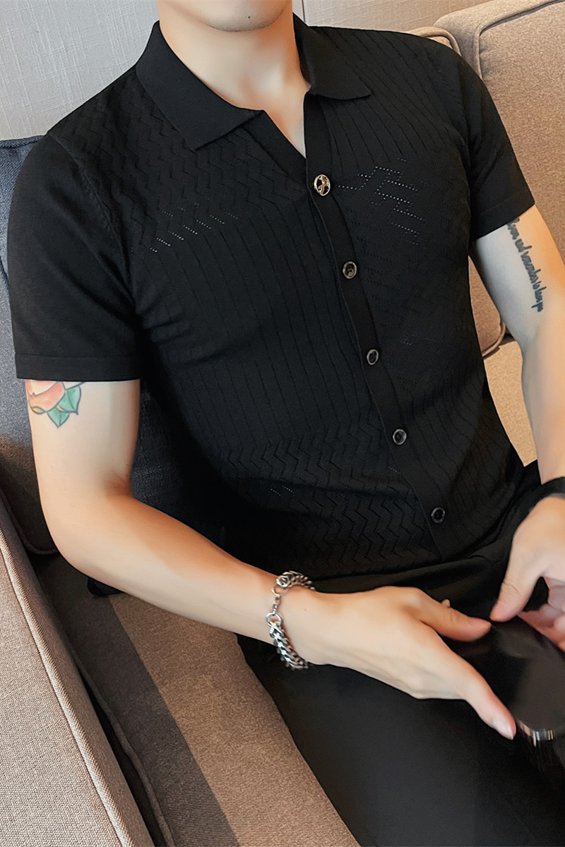 1221-P58男士短袖polo衫夏季翻领针织冰丝修身条纹半袖潮流体恤,男装T恤,电商B333