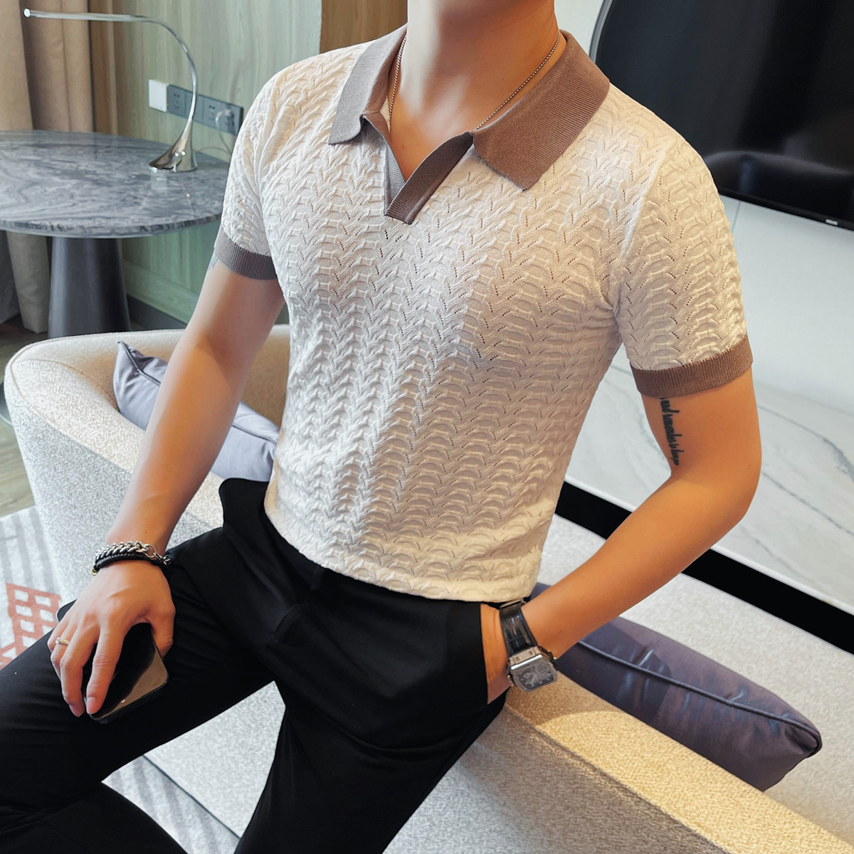 8542-P58镂空冰丝POLO衫男士短袖夏季新款时尚百搭休闲翻领短袖,男装T恤,电商B333