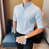 8778-P58男士中袖条纹衬衫秋季潮流休闲修身帅气五分袖衬衣，男装T恤，电商B333
