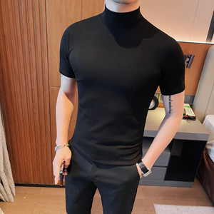 5881-特P40男士夏季短袖t恤紧身纯色体恤修身半高领打底衫