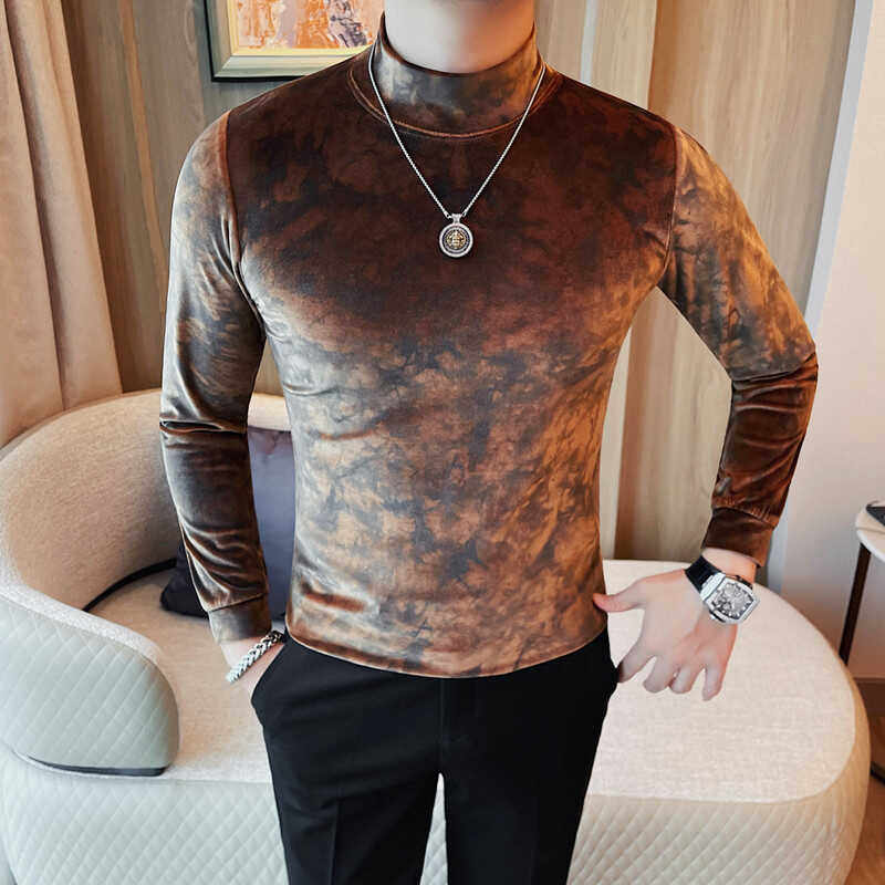T6913-P58 绒布印花男士打底衫秋冬款新款半高领内搭中领长袖T恤图片