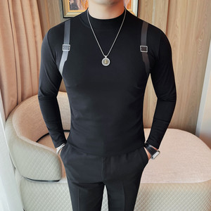 3406-P48 半高领长袖t恤男秋冬季内搭打底衫男士修身纯色中领上衣图片