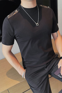 T2408-P48 小中领短袖T恤男士修身打底衫 肩扣子个性设计图片