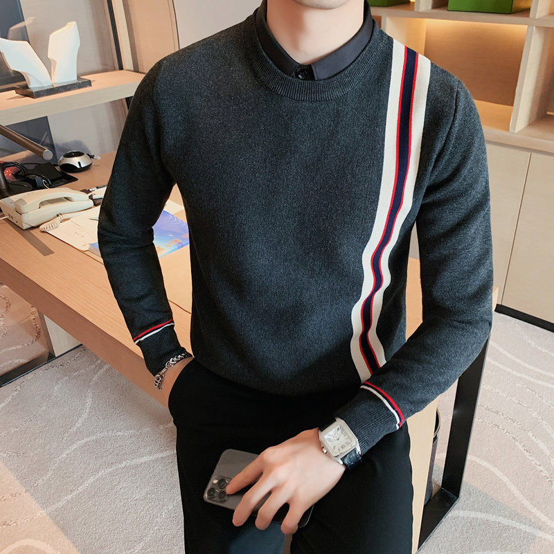 1315-P88假两件毛衣男士冬季新款衬衫领针织衫撞色修身打底衫，男装T恤，电商B333