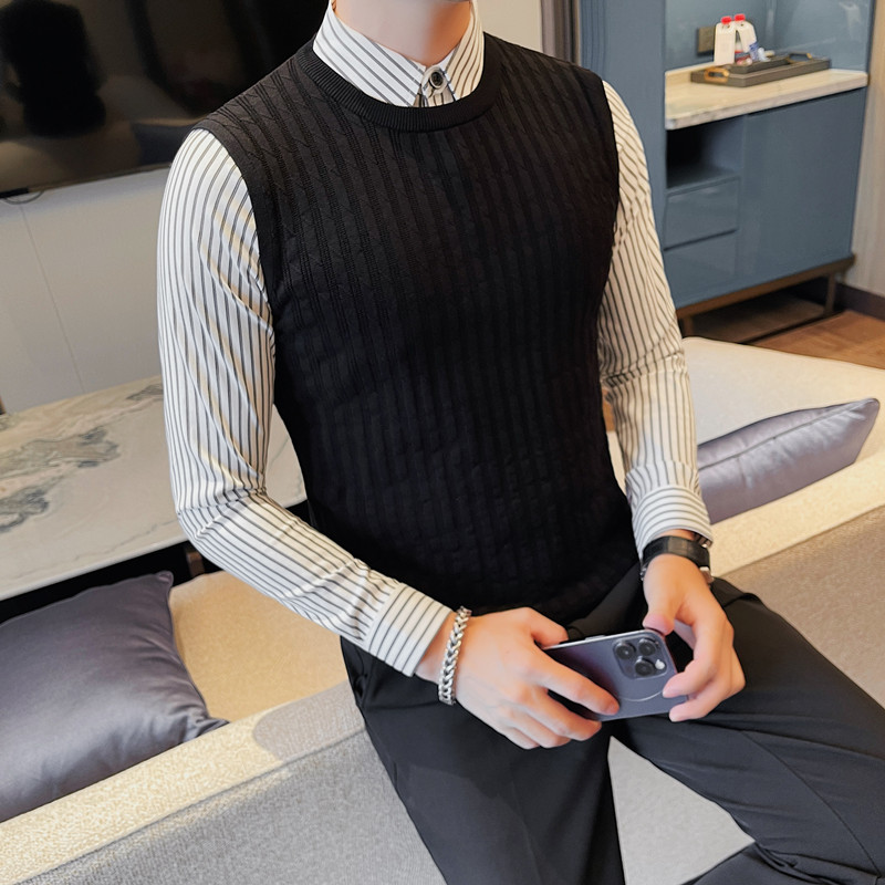 HM008-P105假两件男士秋冬新款修身衬衫领针织毛衣打底衫,男装T恤,电商B333
