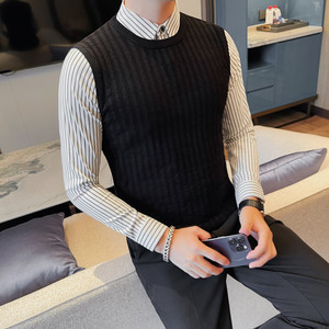 HM008-P105假两件男士秋冬新款修身衬衫领针织毛衣打底衫
