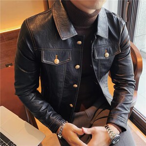 JK107-P130秋冬男士修身皮衣韩版时尚型男单排扣翻领皮夹克外套潮图片