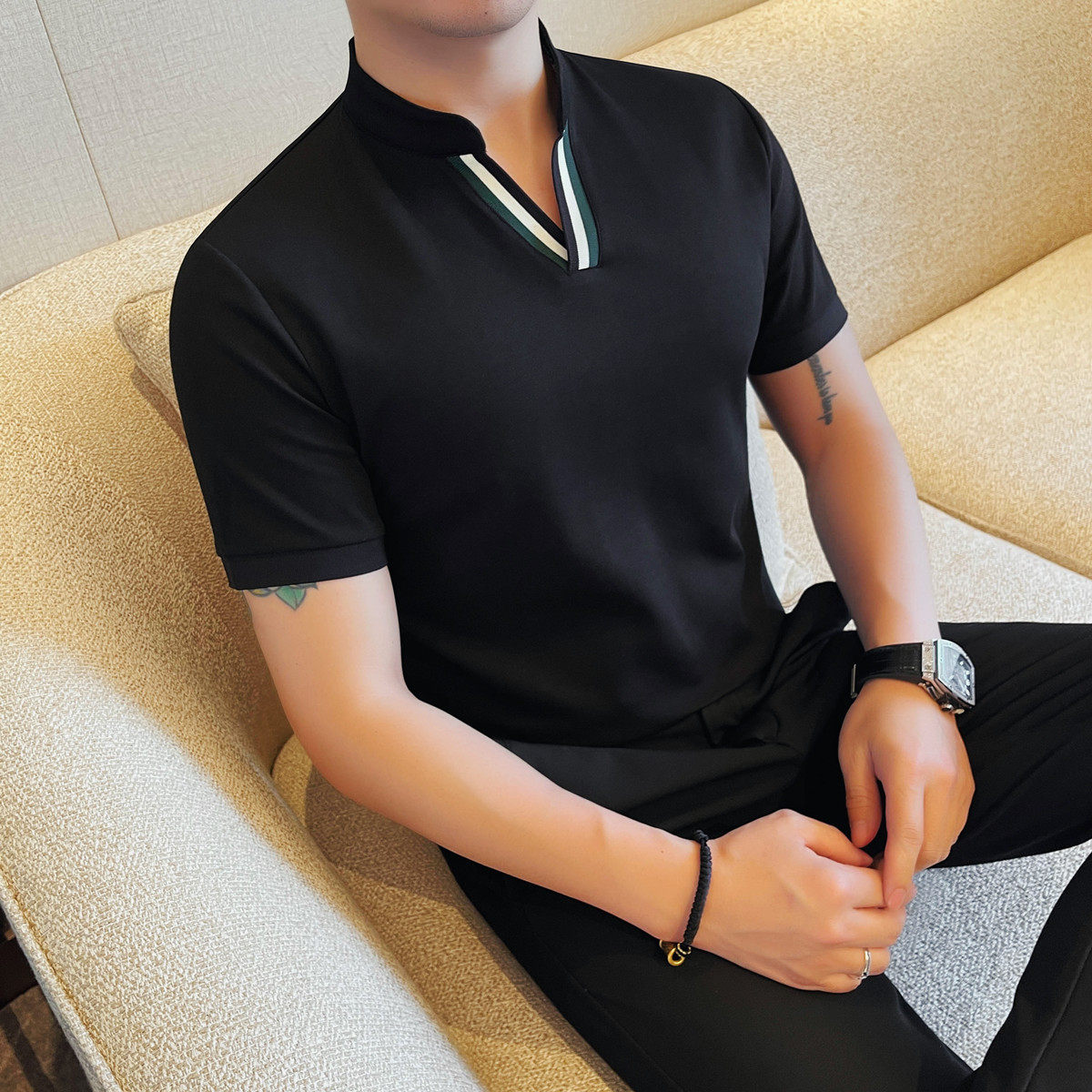 7516-P53短袖V领T恤男士夏季新款修身百搭半袖立领体恤,男装T恤,电商B333