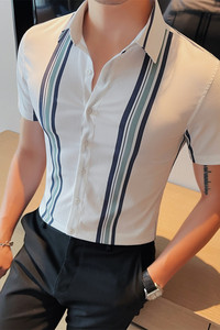 7886-P68 短袖衬衫男士夏季潮流休闲帅气个性半袖修身条纹衬衣图片