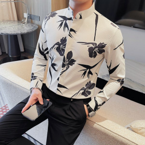 6116-P78 印花衬衫男士长袖立领衬衣 休闲时尚高级感衬衫男图片