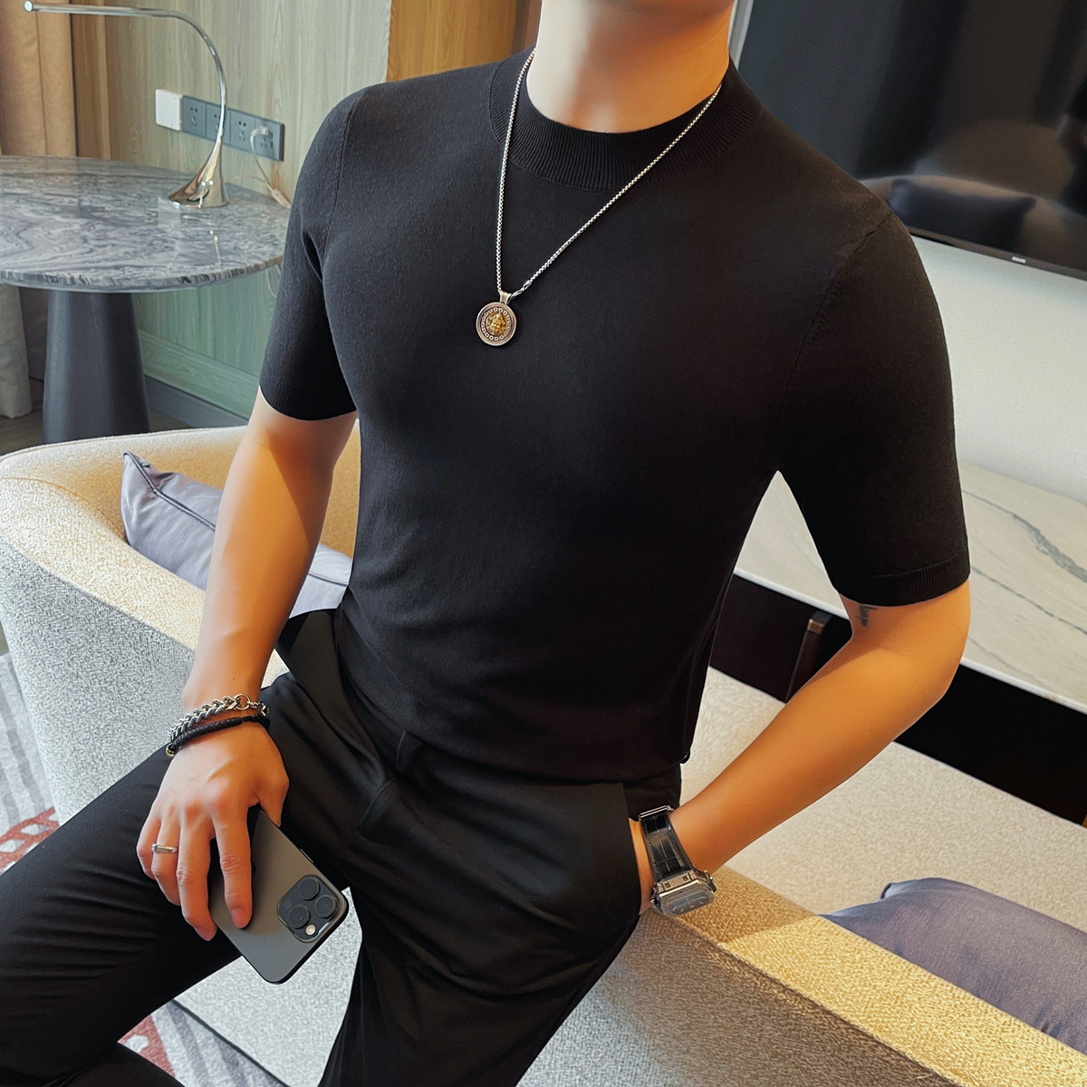 0399-P55 针织冰丝男士短袖夏季新款时尚百搭休闲圆领短袖T恤图片