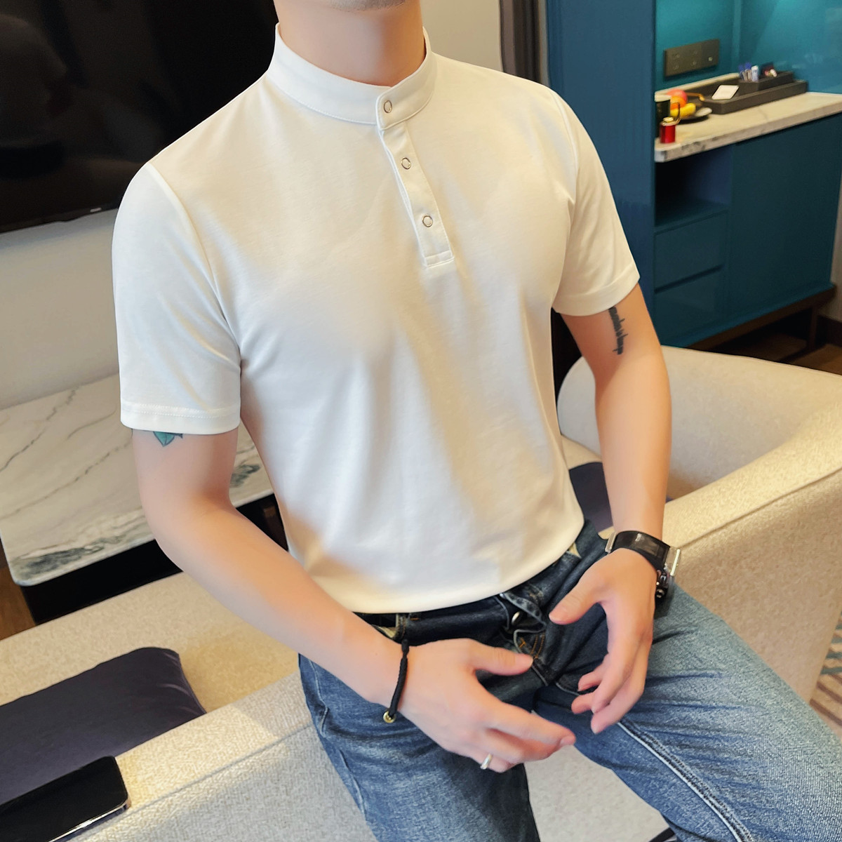 7513-P53亨利领短袖POLO衫男士夏季新款纯色百搭半袖立领T恤,男装Polo衫,电商B333