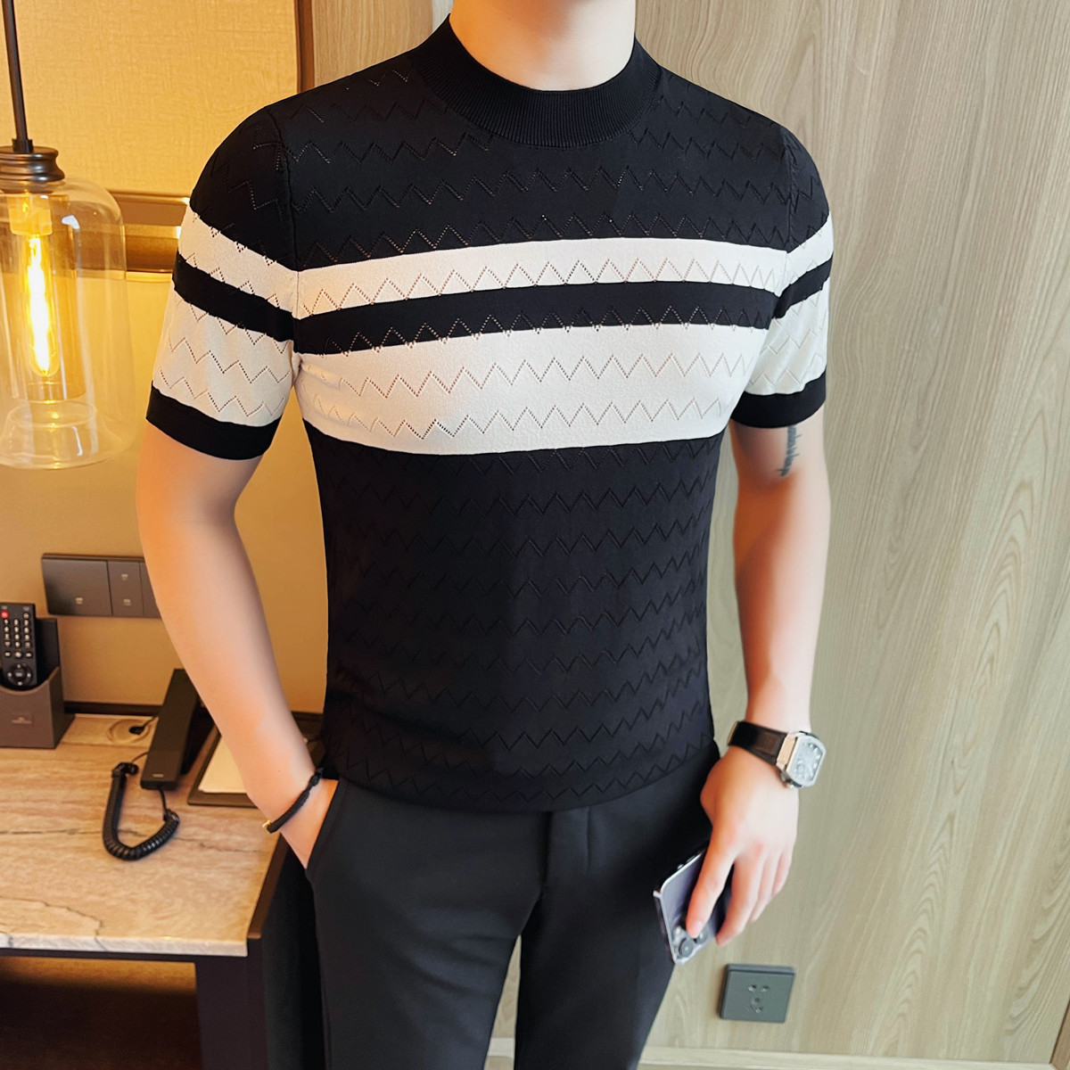 3779-P58针织冰丝短袖体恤男士夏季新款条纹针织衫圆领,男装T恤,电商B333