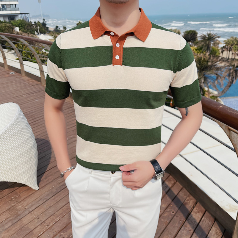3338-P58男士短袖polo衫夏季针织冰丝t恤修身翻领半袖条纹体恤,男装Polo衫,电商B333