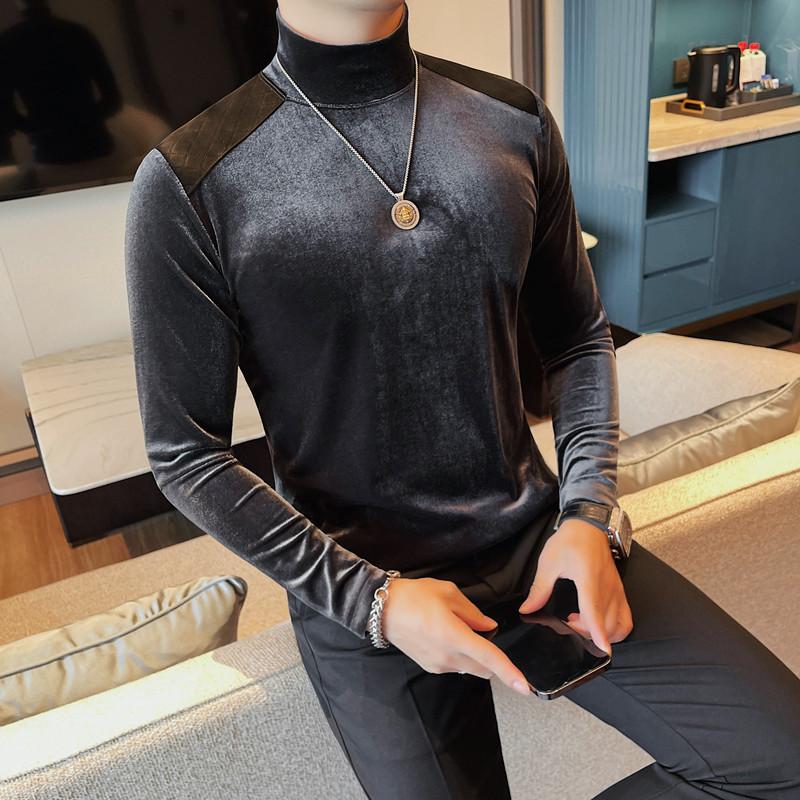 7922-P48金丝绒拼皮半高领长袖体恤男士秋冬新款修身纯色打底衫,男装T恤,电商B333