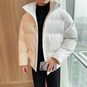 22008-P185 亮面棉衣男士冬季加厚仿皮外套 面包服 新加白色图片
