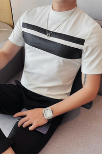 T2407-P48 小中领短袖体恤男士 修身贴布半袖打底衫图片