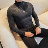 3405-特P40长袖体恤男士秋冬新款山水画印花半高领打底衫，男装T恤，电商B333