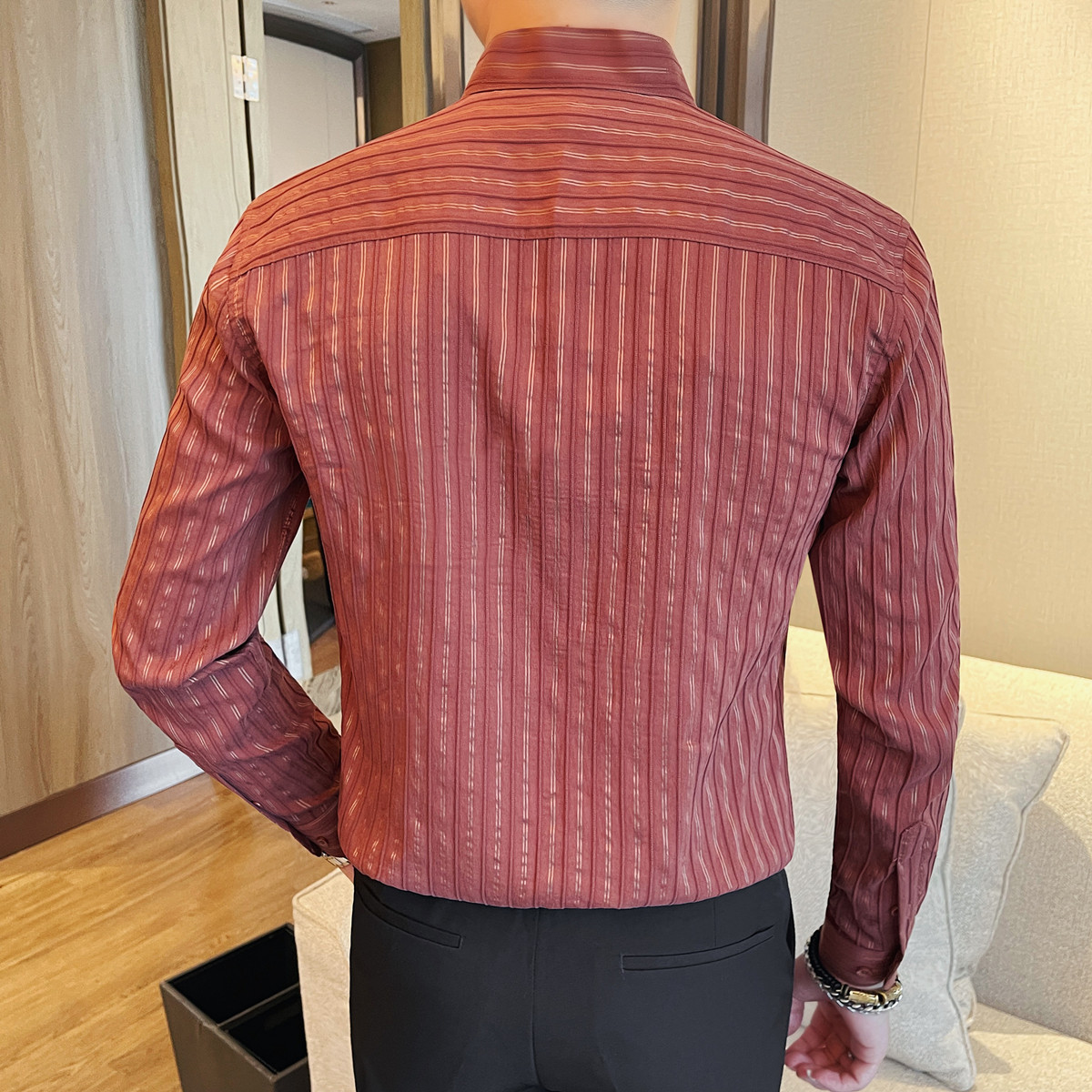 CS6520-P68新中式立领条纹长袖衬衫男高级感痞帅法式白色衬衣，男装衬衫，电商B333