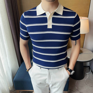 3762-P68 条纹短袖针织冰丝POLO衫男士夏季新款翻领弹力体恤图片