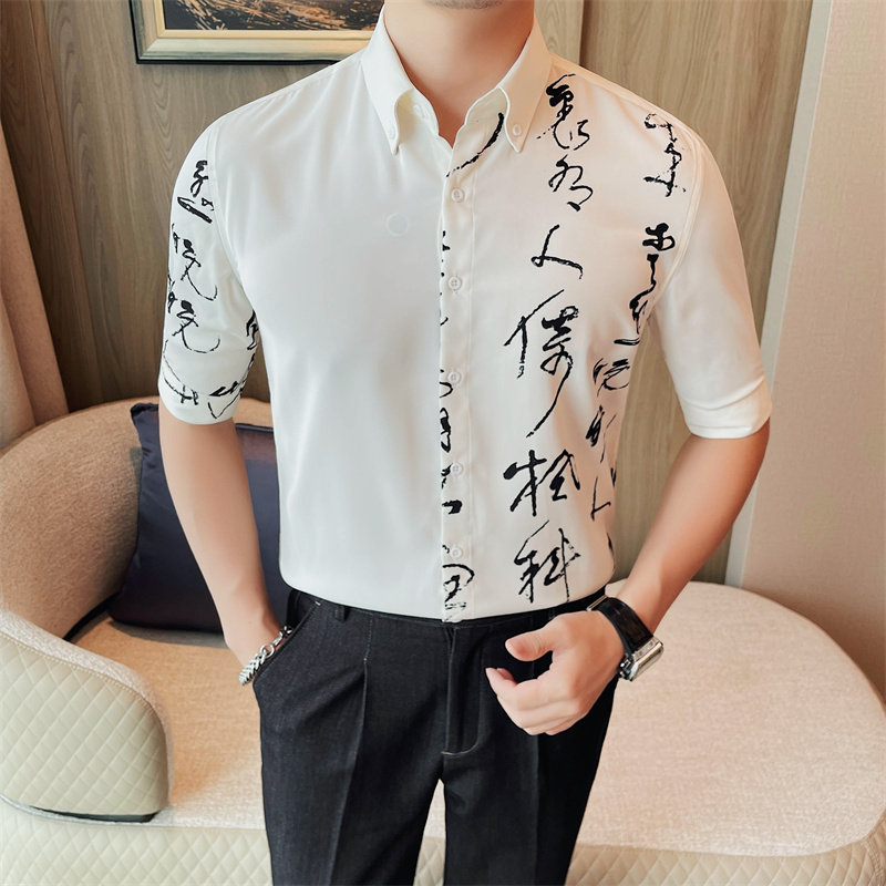 C7131-P68 98 中袖衬衫男士夏季新款 风印花黑白衬衣五分袖图片