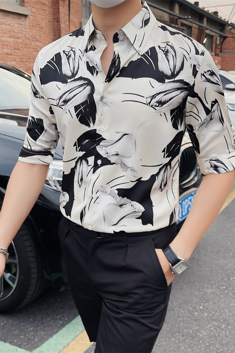 ZX3116-P65中袖男士印花衬衫夏季修身潮流休闲五分袖衬衣,男装T恤,电商B333