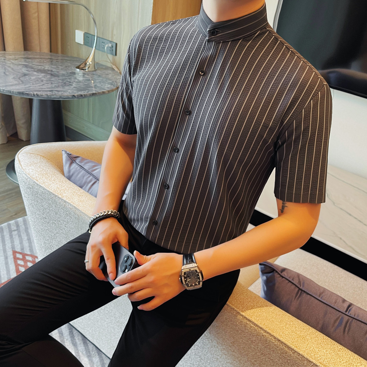 MJ1002-P58冰丝立领衬衫男士短袖夏季新款时尚休闲条纹短袖衬衣,男装T恤,电商B333