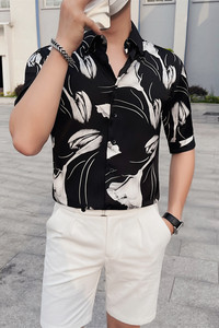 ZX3116-P65 中袖男士印花衬衫夏季修身潮流休闲五分袖衬衣图片